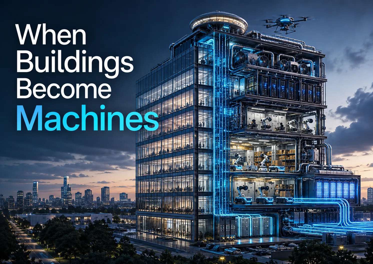 Illustration for &ldquo;When Buildings Become Machines,&rdquo; showing a high-rise integrated with servers, robotics, power systems, and a drone.
